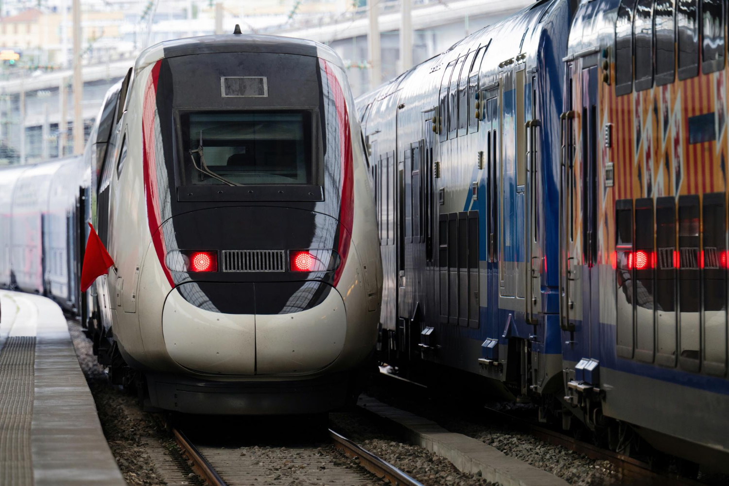 Red and blue trains stationing at the station of nice france