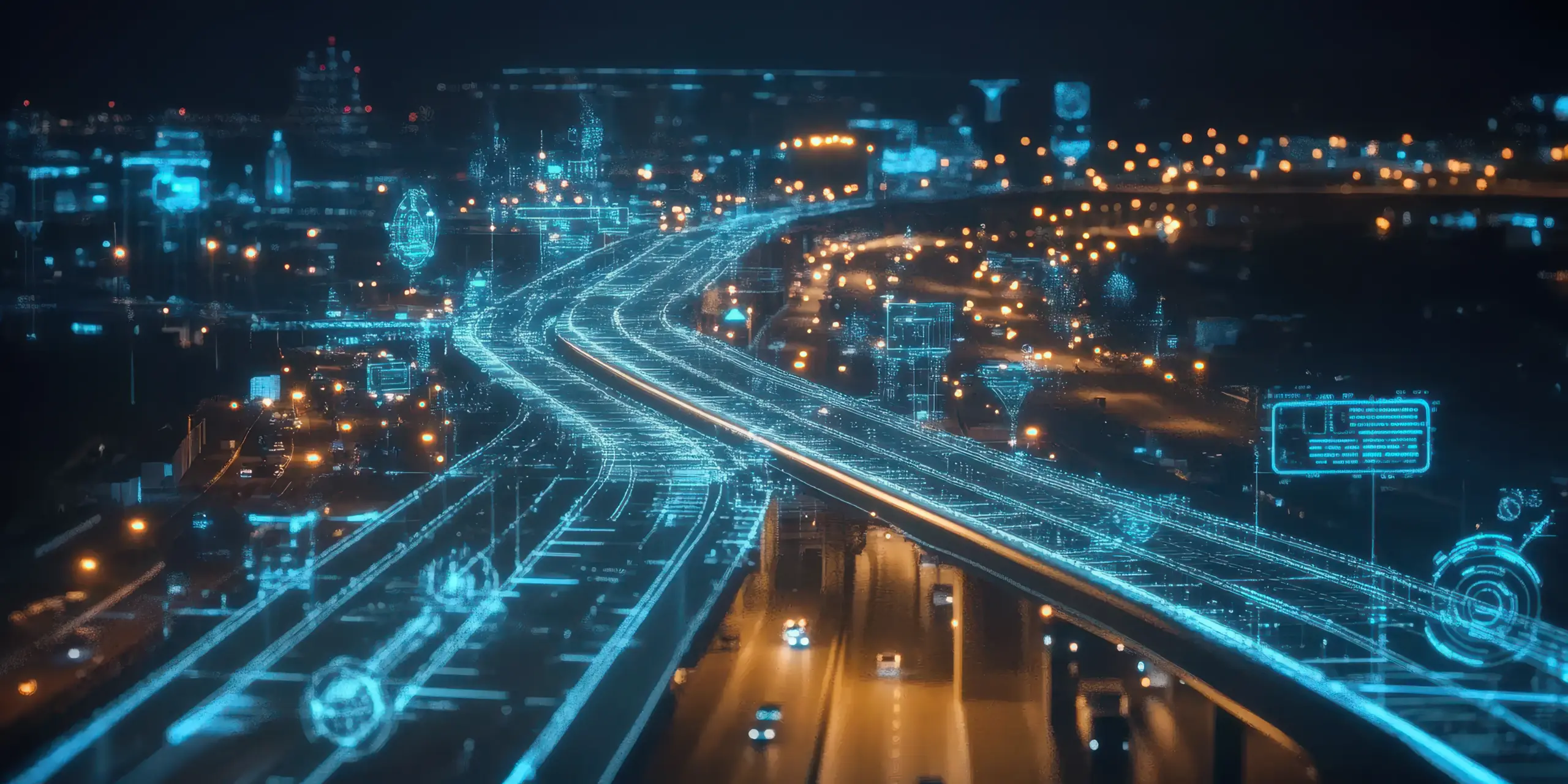 aerial view futuristic city highway illuminated with digital lights overlays showcasing vibrant urban life night